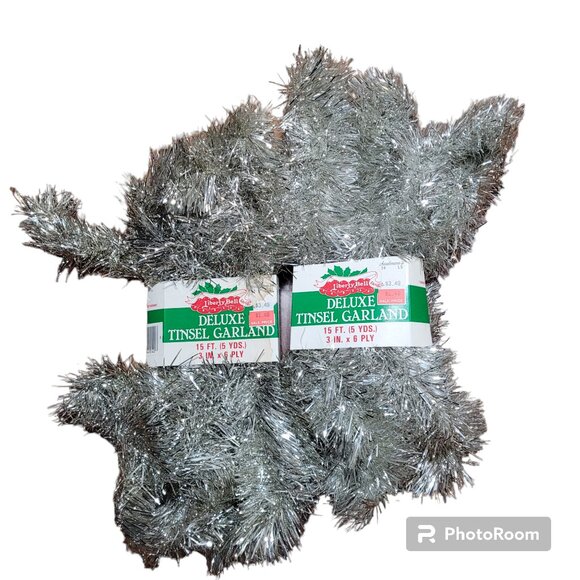 Vintage Silver Tinsel Garland Christmas Tree Mantle Decoration Liberty Bell - Picture 1 of 7